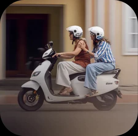 A parent and child travelling together on a yellow scooter